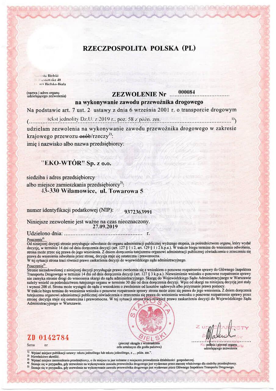 Eko - Wtór Dokumenty i certyfikaty