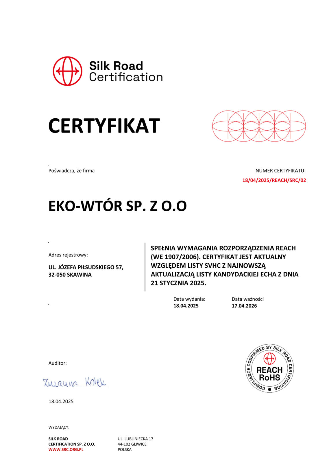 Certyfikat - Eko-wtó - SRC REACH