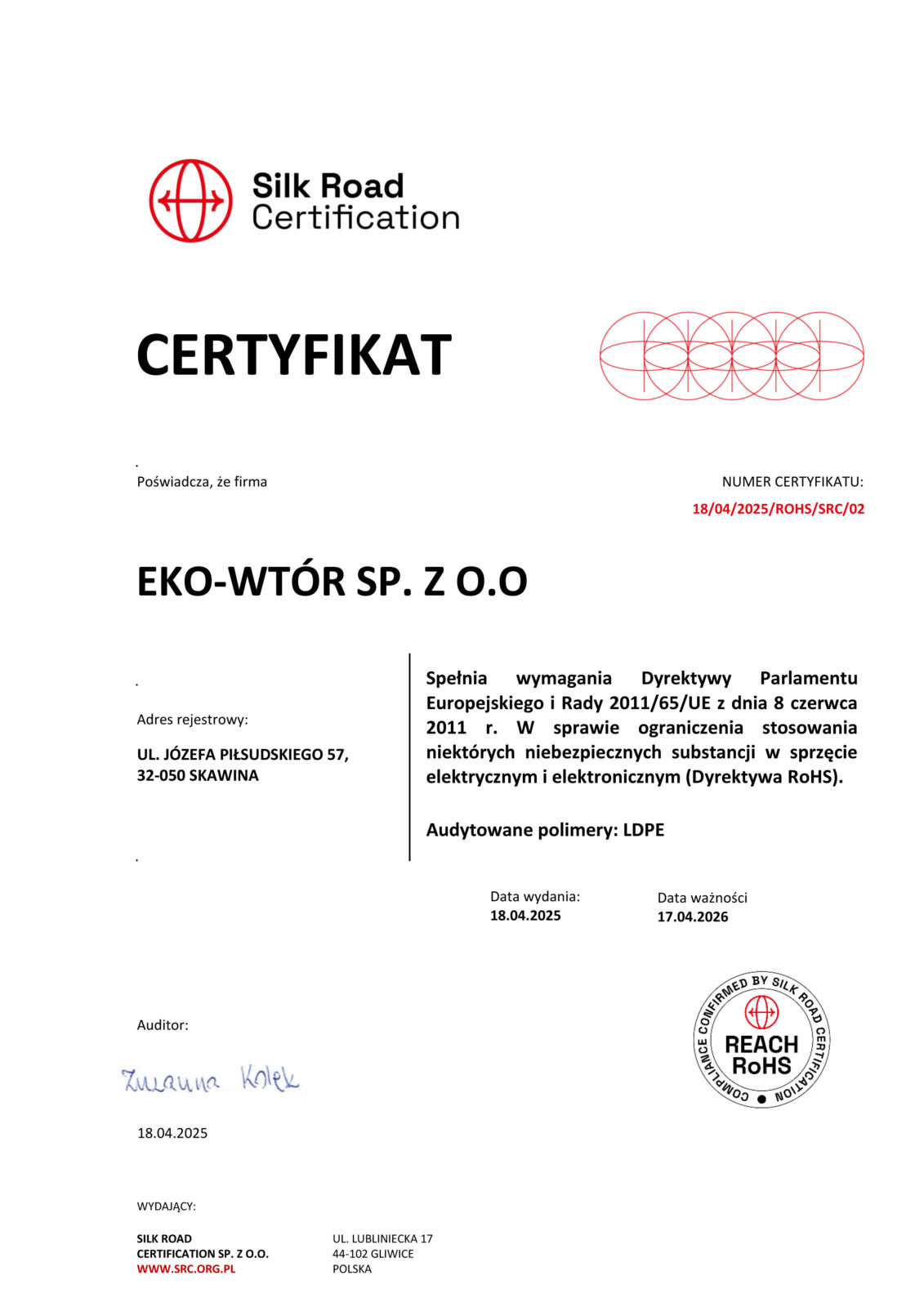Certyfikat - Eko-wtó - SRC ROHS