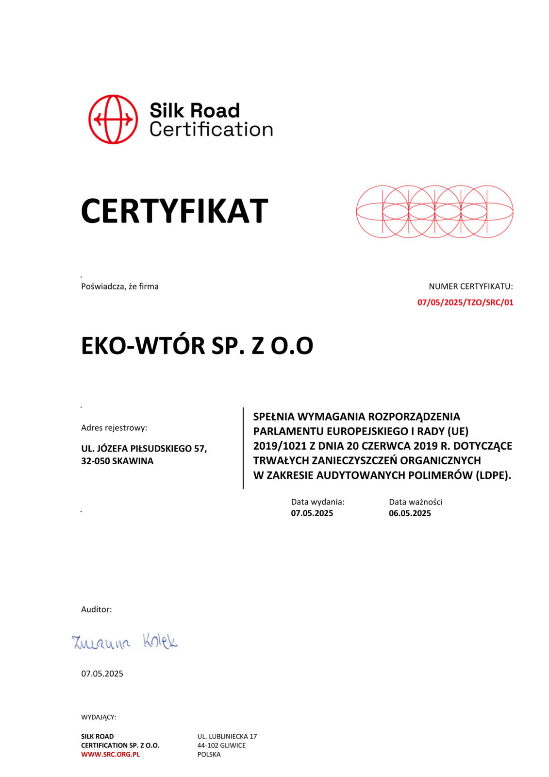 Certyfikat - Eko-wtó - SRC TZO