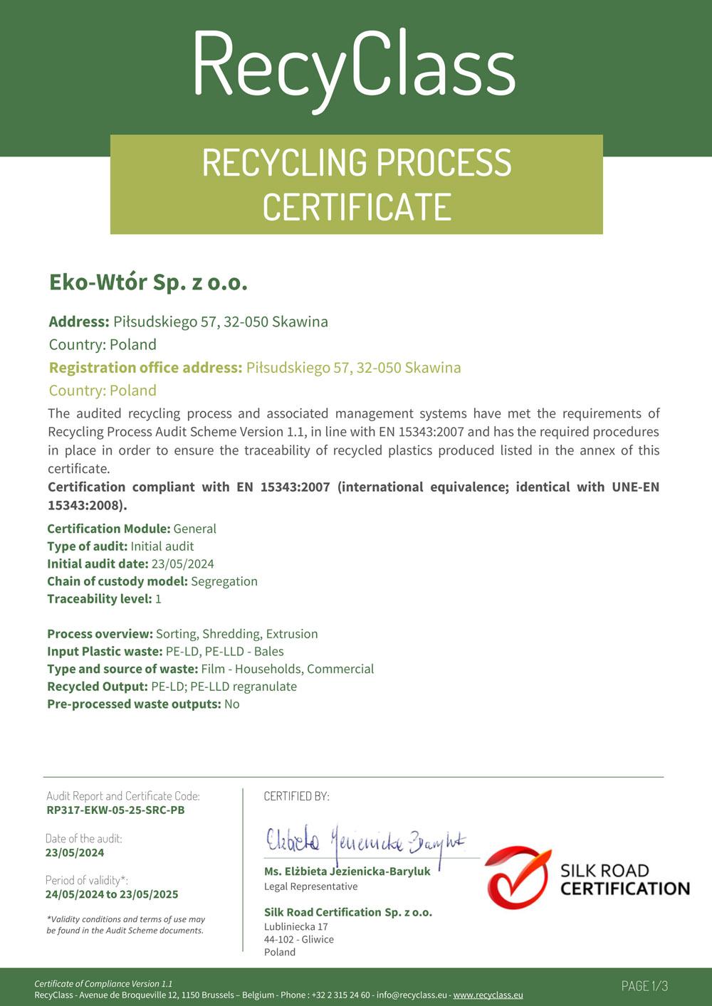 Eko-Wtor - Certificate Recycling Process
