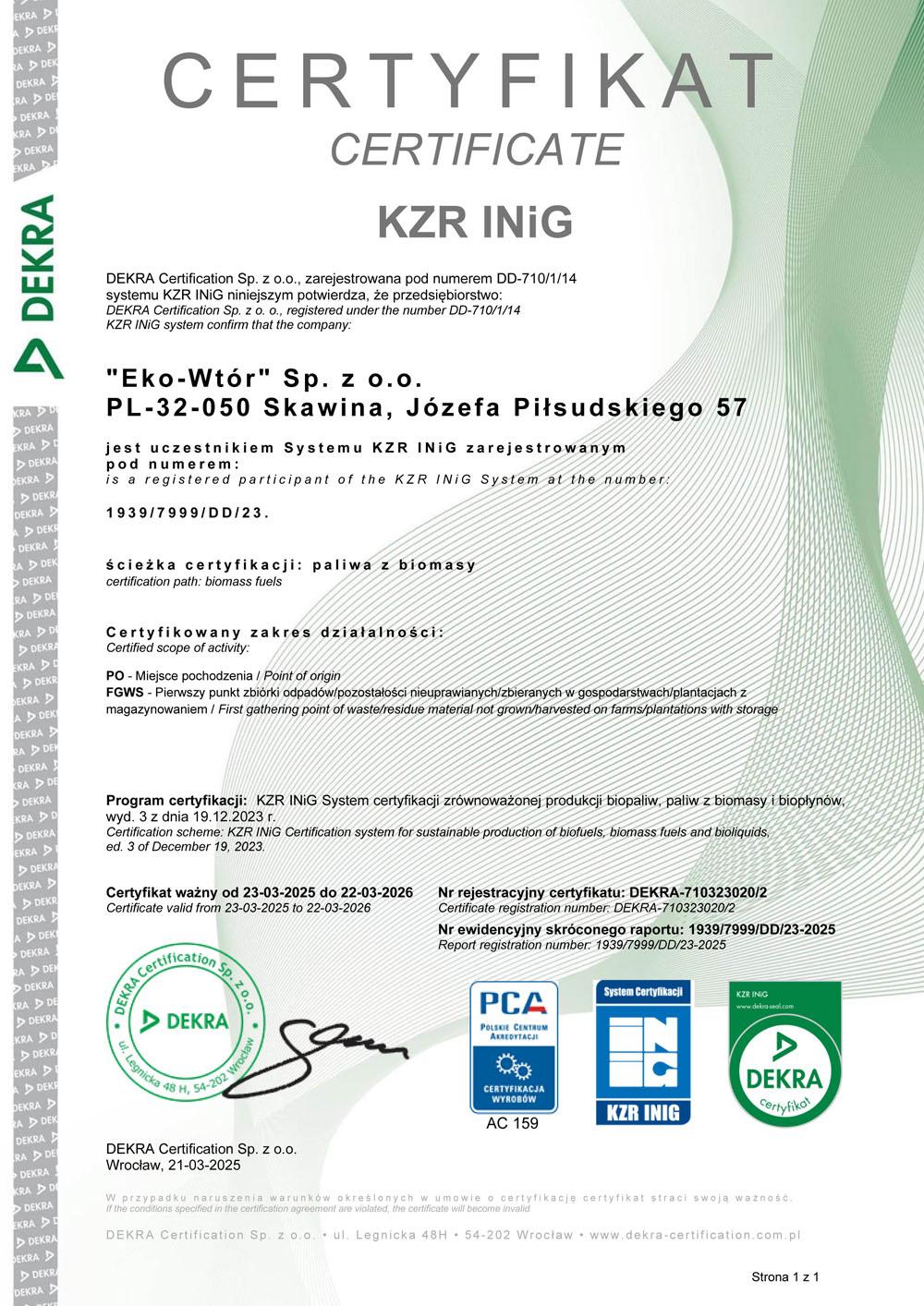Eko-Wtór - Certyfikat KZR INiG 1939-7999-DD-23
