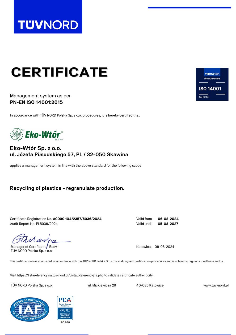 Eko-wtor - Certyfikat PN-EN ISO 14001:2015