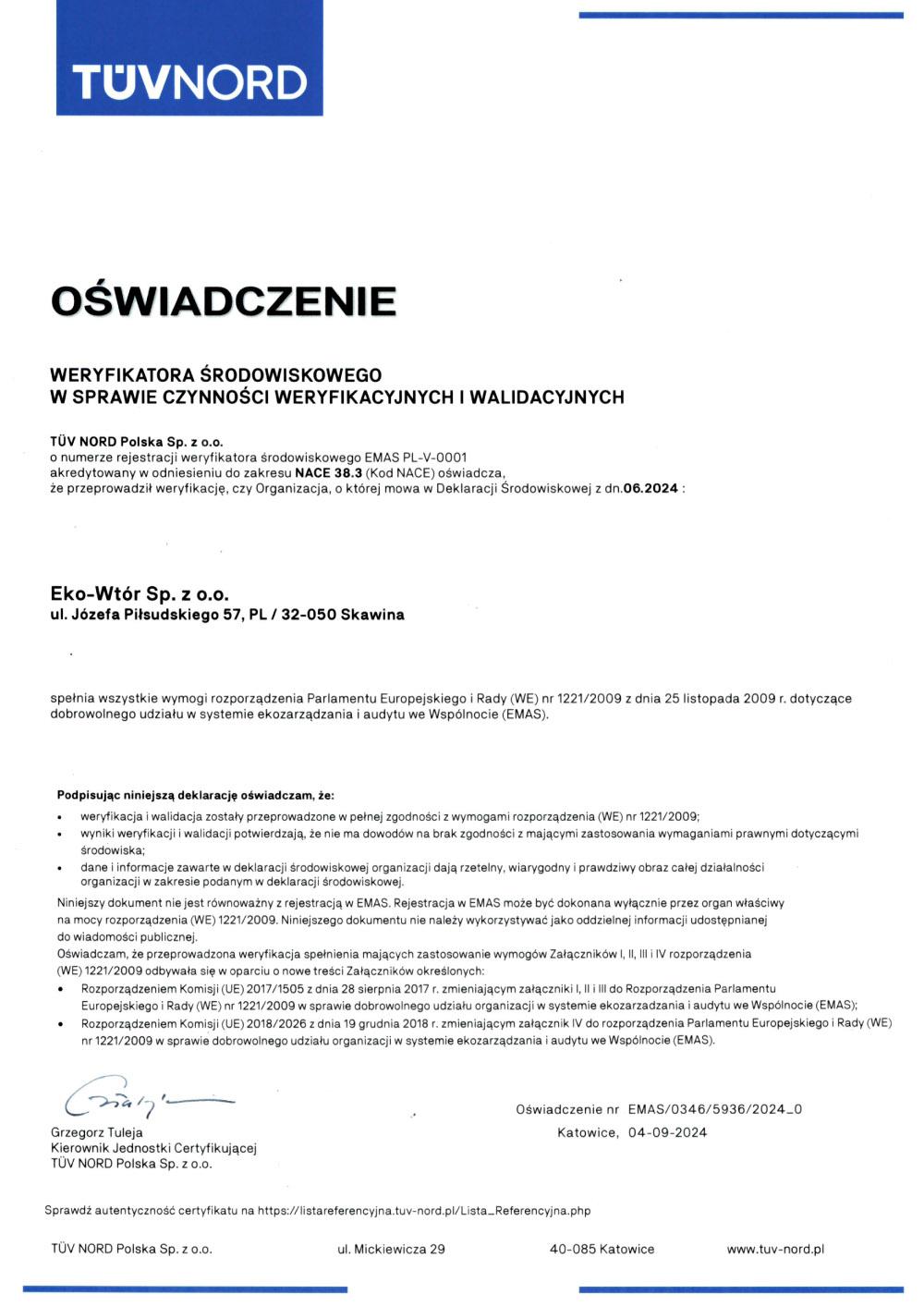 Eko-Wtór - Oświadczenie Eko-wtor - Certyfikat PN-EN ISO 14001:2015