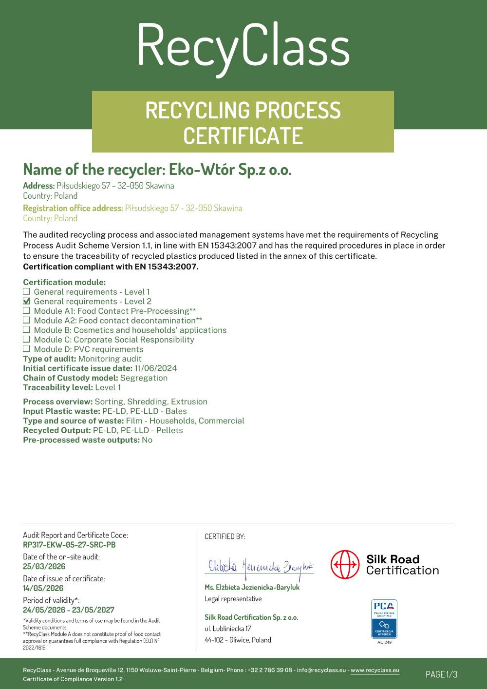 Eko-Wtor - Certificate Recycling Process